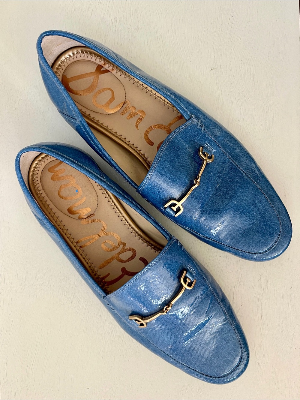 Sam Edelman Loraine Denim Blue Patent Leather Horsebit Loafers - Picture 3 of 8